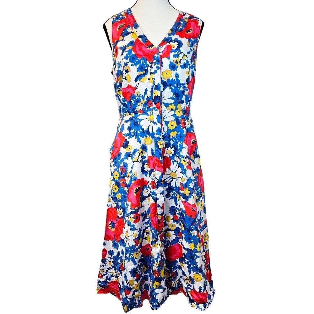 Boden Floral Midi Dress Womens 6 Blue Red White Cotton Summer Garden Party Retro